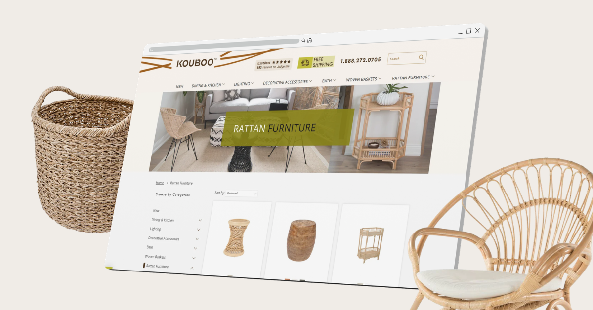 Shopify storefront mockup of Kouboo's rattan furniture store with a results card showing +72% traffic and +107% revenue