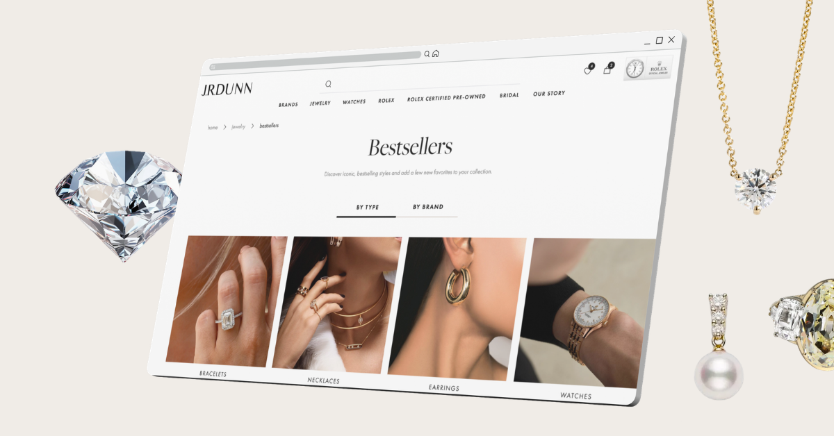Shopify storefront mockup showing J.R. Dunn Jewelers' bestsellers grid of diamond and engagement-ring products