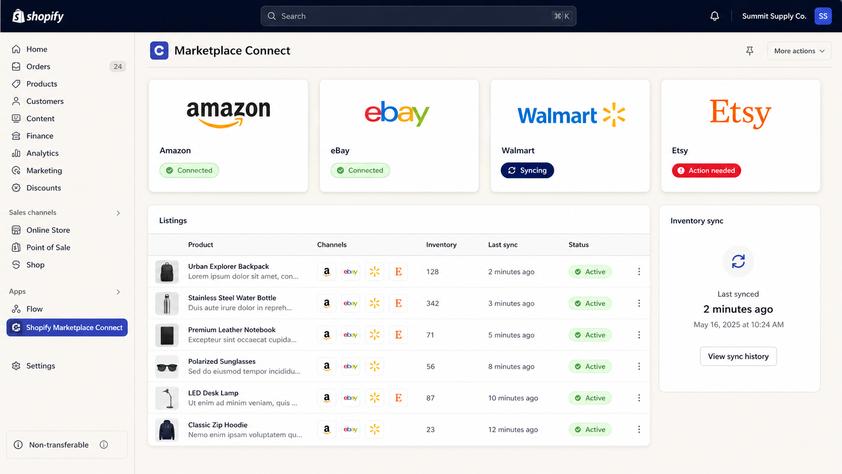 Shopify Marketplace Connect dashboard showing connected Amazon, eBay, Walmart, and Etsy channels with inventory sync status pills
