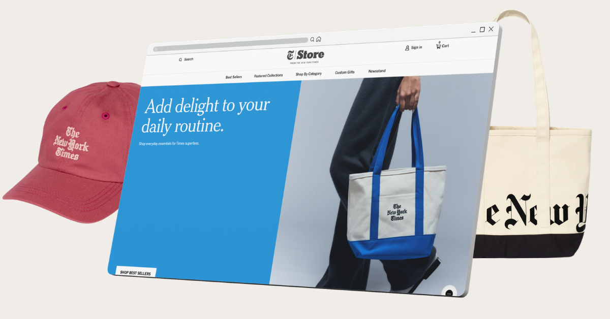 Shopify storefront mockup of The New York Times Store featuring tote and cap merchandise on the homepage hero