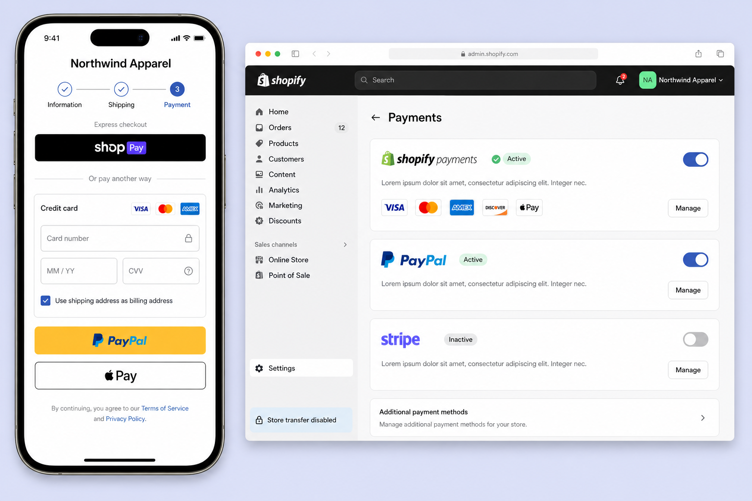 Shopify checkout on mobile showing Shop Pay express, card payment fields, and PayPal as alternative payment methods