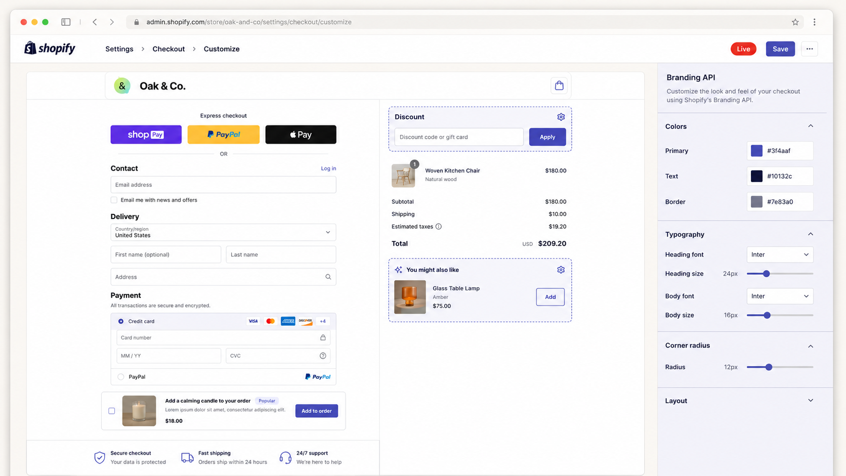 Shopify Plus admin showing the Checkout Extensibility editor with extension slots and a Branding API panel for color and typography tokens