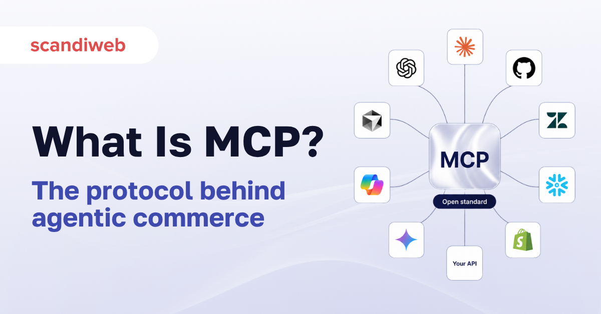 Featured image for the scandiweb MCP guide, showing MCP as a hub connecting AI agents to systems.