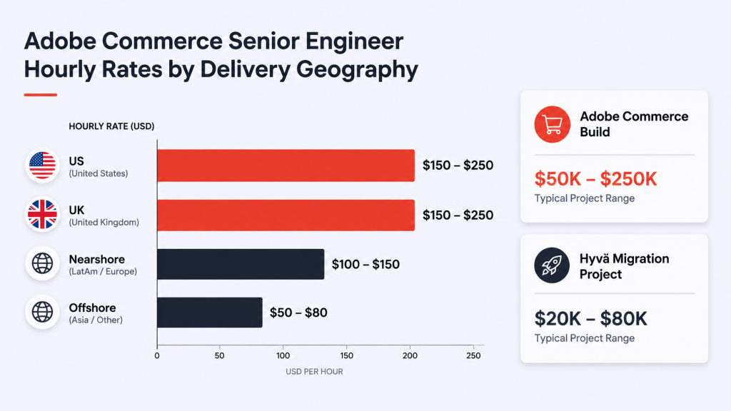 Bar chart of Adobe Commerce agency hourly rates and project costs by US, nearshore, and offshore delivery.