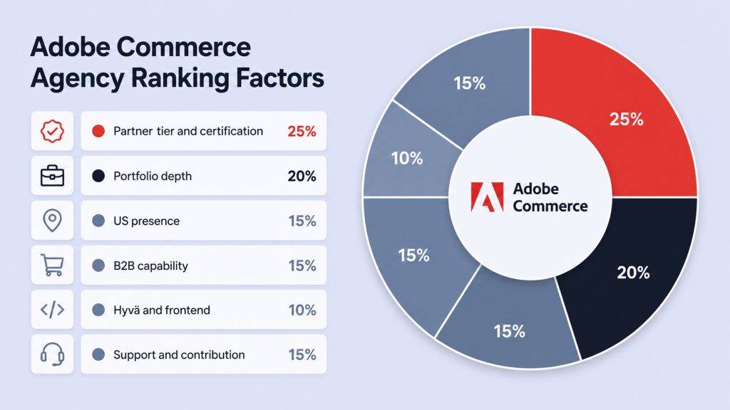 Weighted scoring criteria used to rank Adobe Commerce development agencies, shown by percentage.