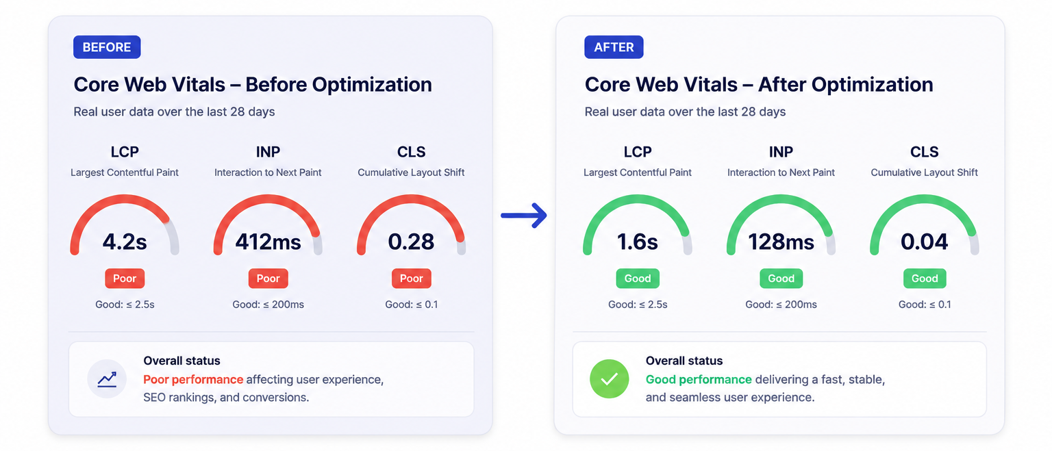 Before and after Core Web Vitals dashboard for a Magento store after caching, image optimization, and a Hyva theme