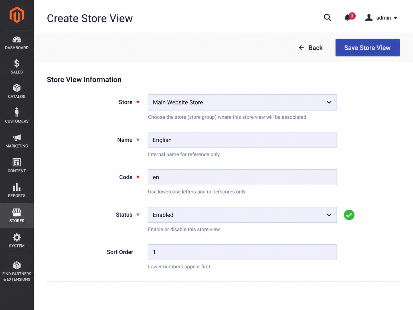 Magento 2 create store view admin form with store name code status and sort order fields