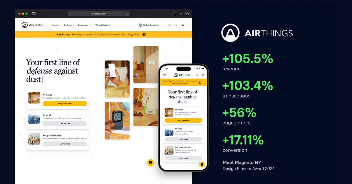 Airthings Hyvä migration results: +105.5% revenue, +103.4% transactions, +56% engagement, +17.11% conversion, and the Meet Magento NY Design Pioneer Award 2024
