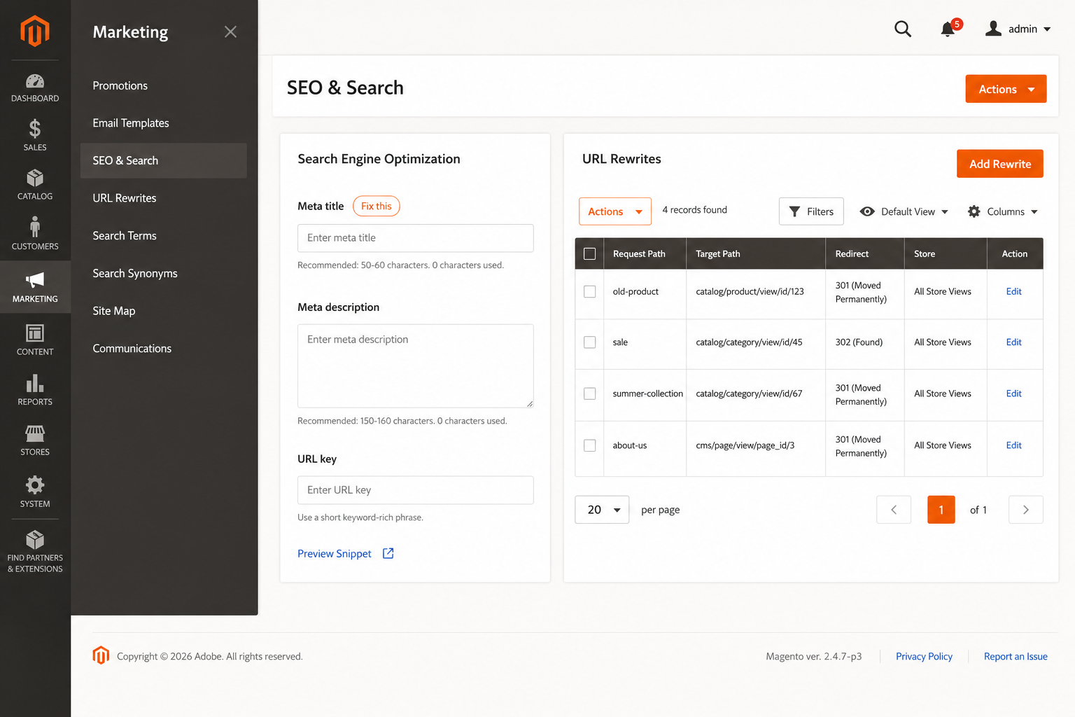 The Magento (Adobe Commerce) admin marketing and SEO settings panel