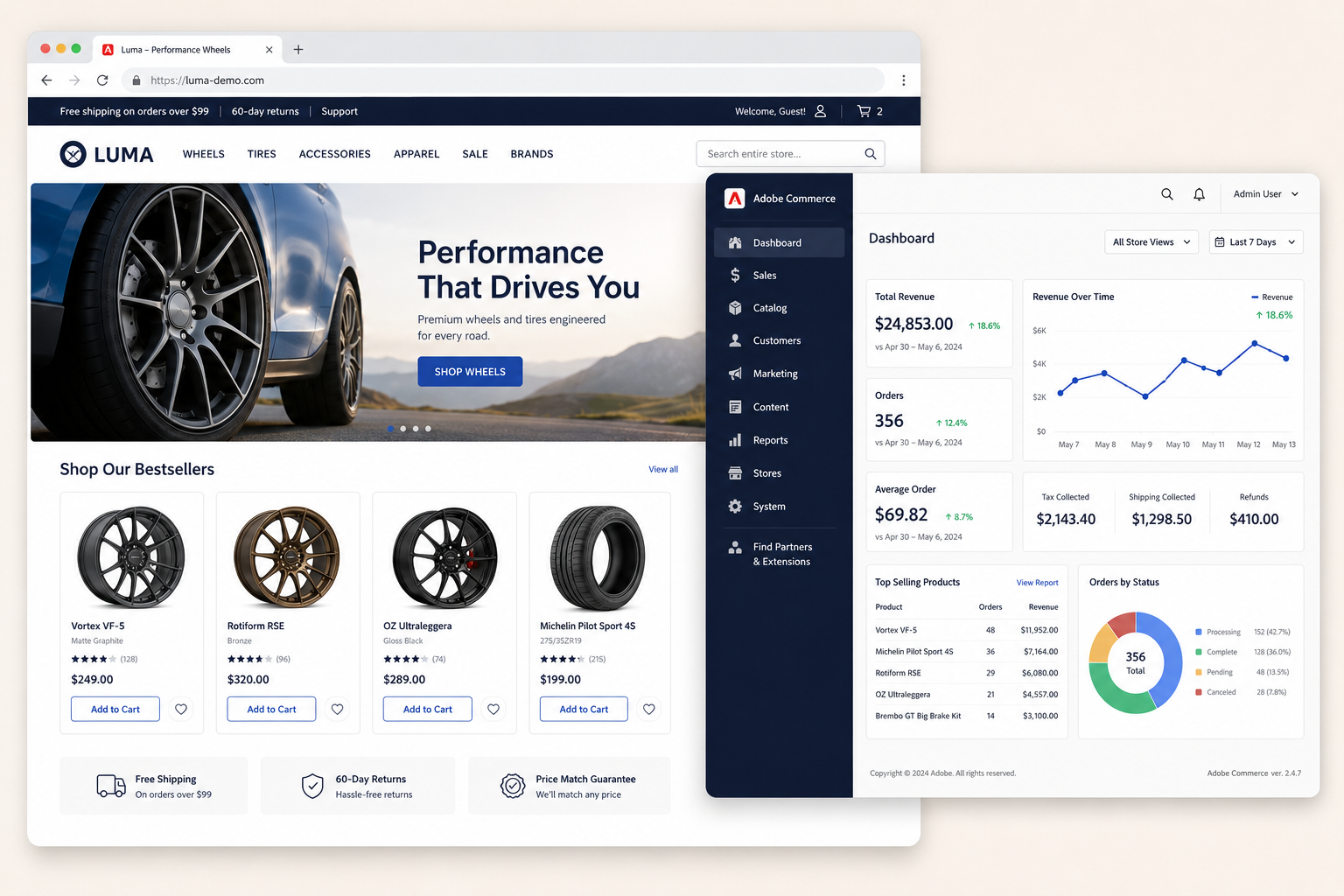 Magento (Adobe Commerce) storefront and admin dashboard shown together on one platform