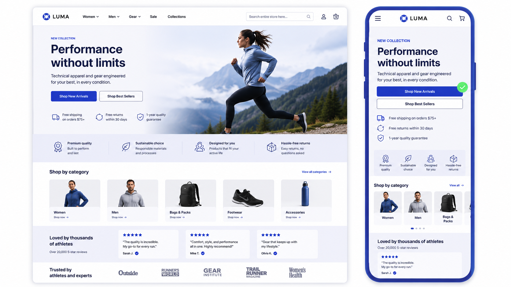 Magento homepage shown on desktop and mobile illustrating how sections reflow into a single-column thumb-friendly stack