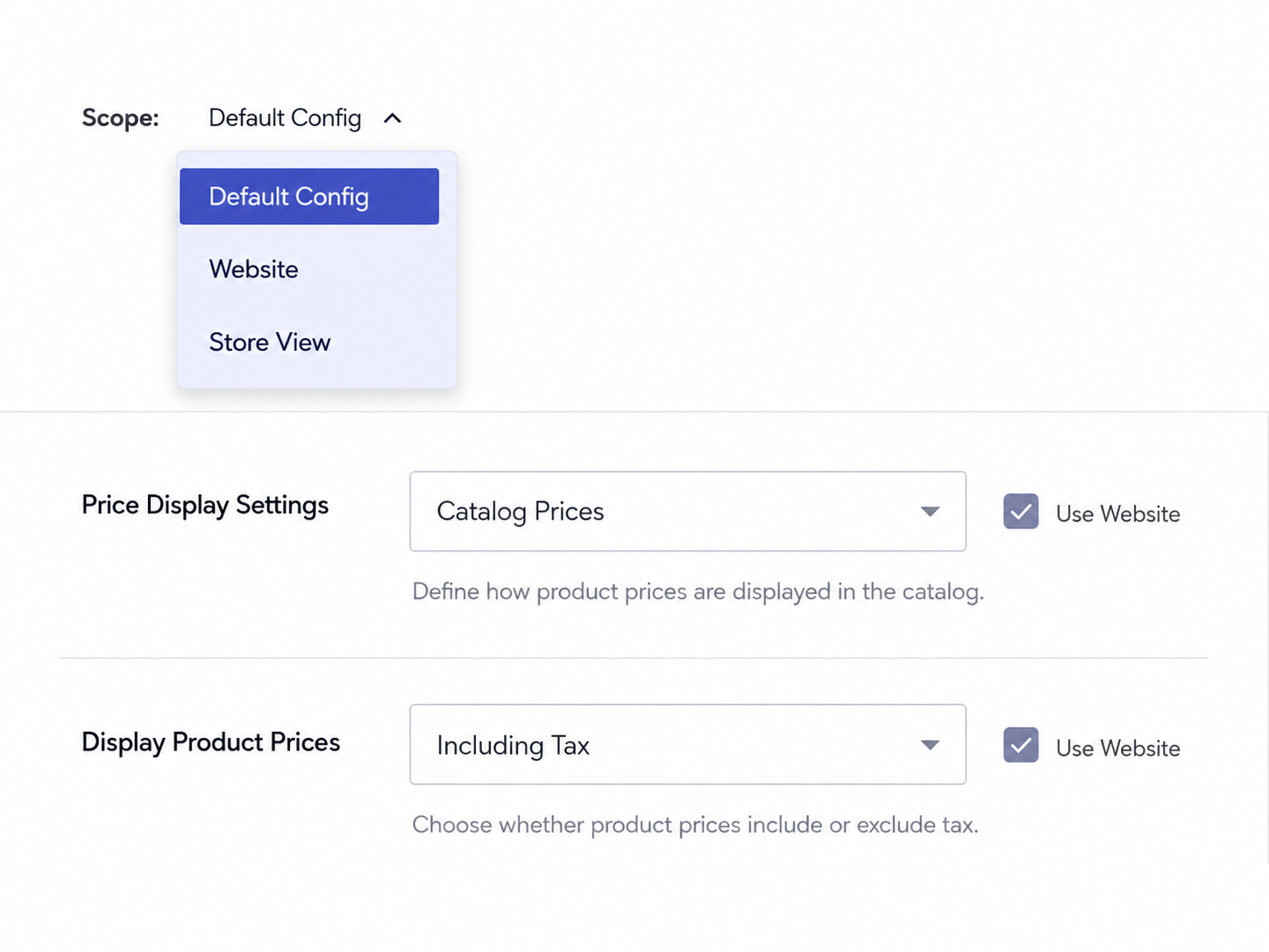 Magento admin configuration scope switcher showing default config website and store view levels