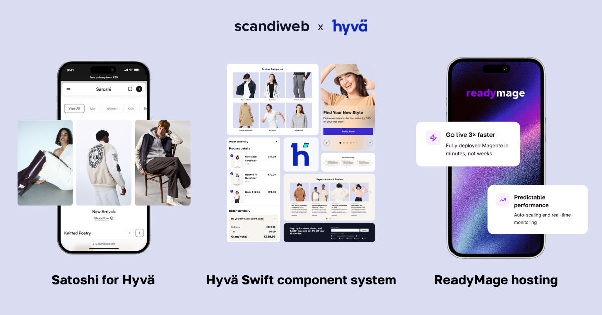 scandiweb Hyvä stack mockups: Satoshi theme, Hyvä Swift, and ReadyMage