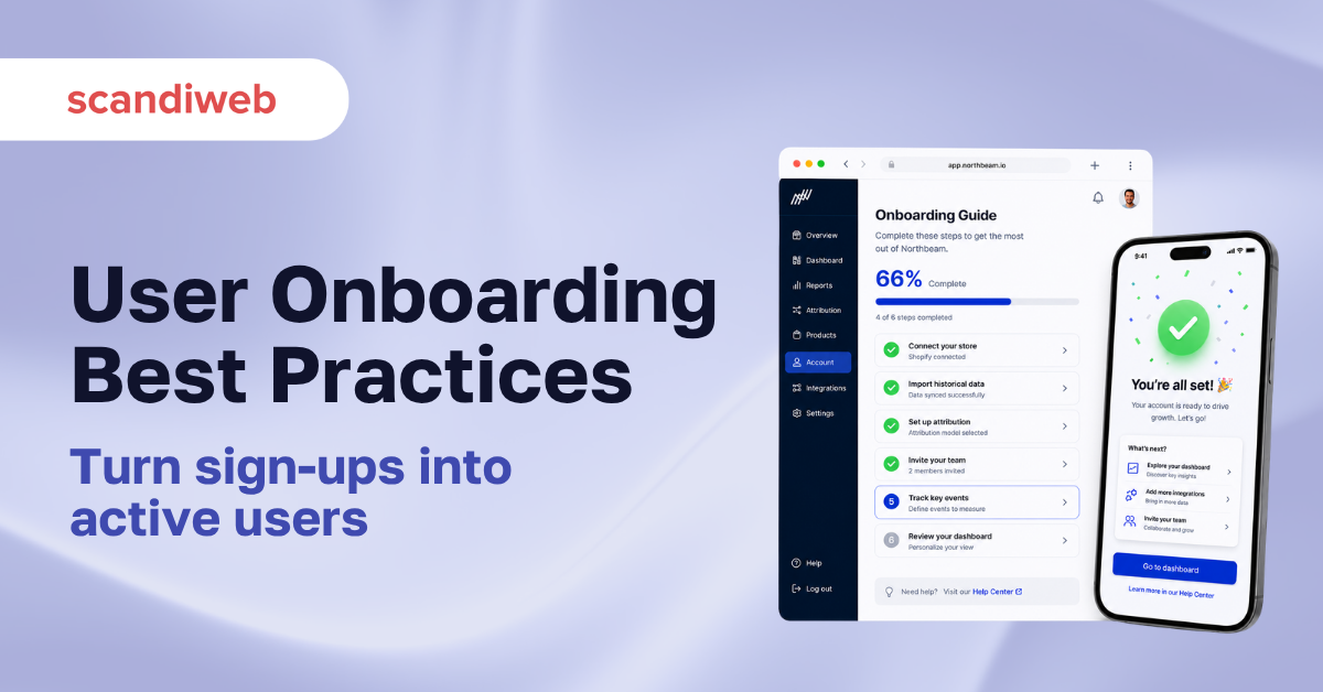 Onboarding flow screens with a rising user retention curve