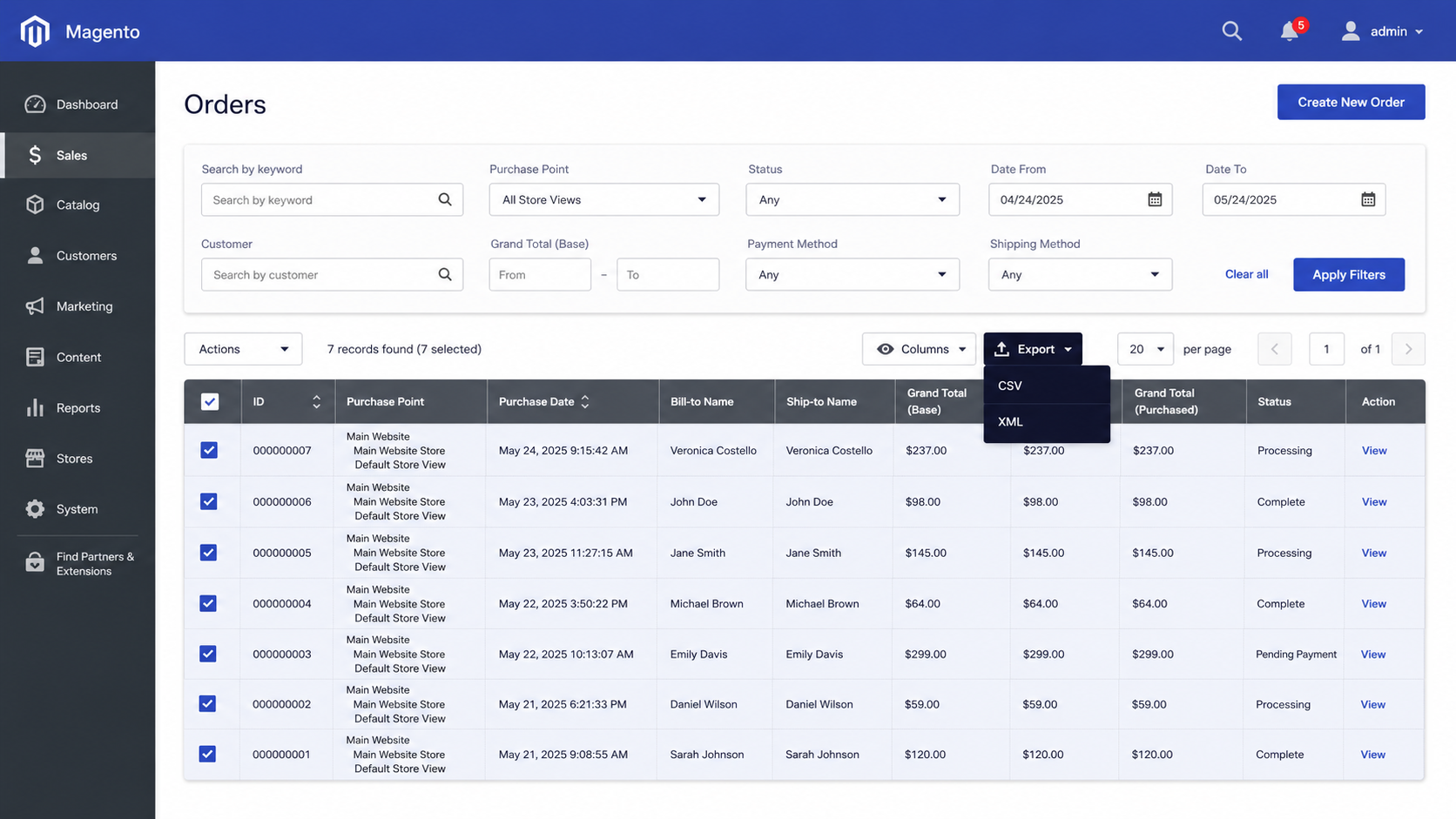 Magento 2 Sales Orders grid with checkboxes selected and Export dropdown showing CSV and XML