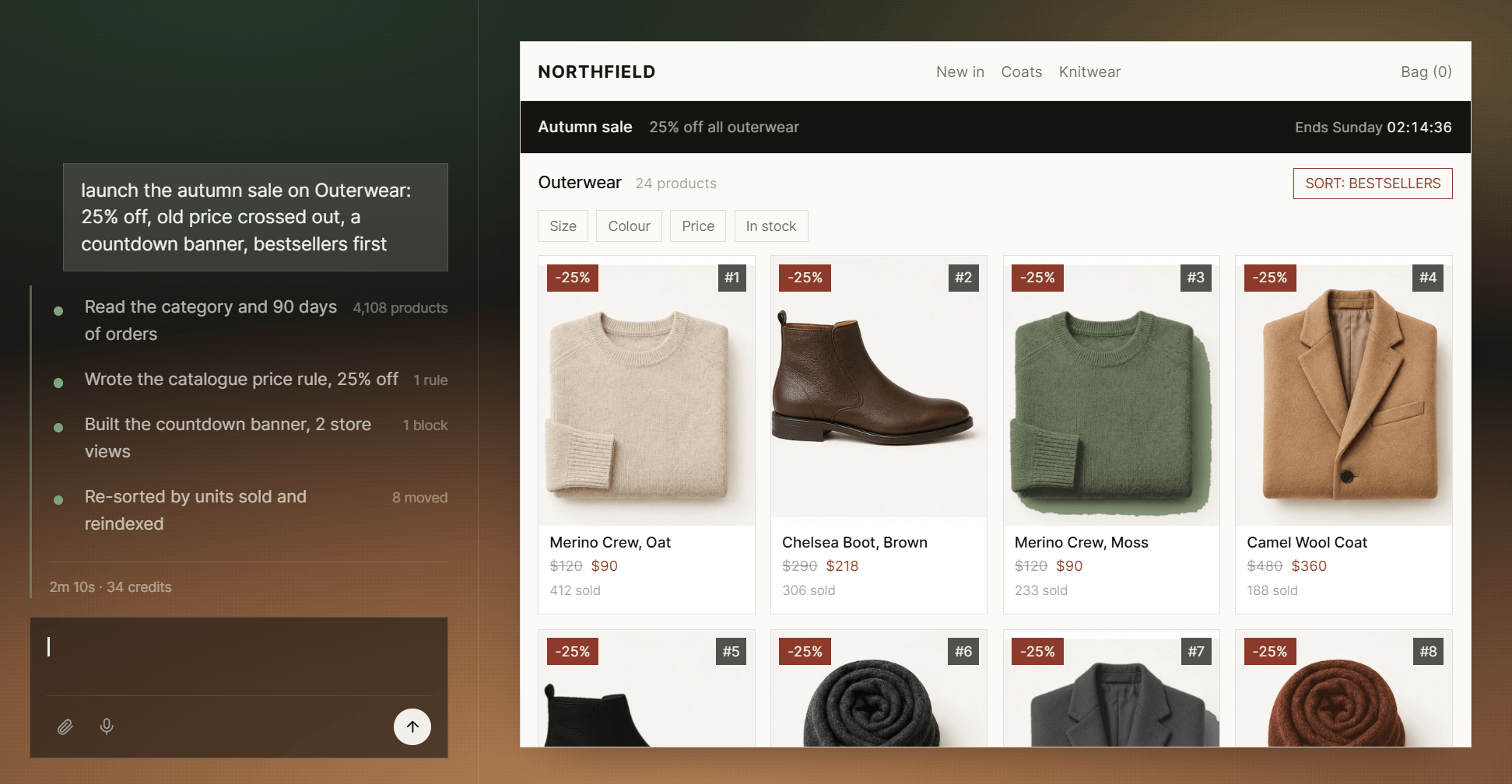 Agent for Magento chat panel listing completed steps for an autumn sale task beside the resulting storefront category page.