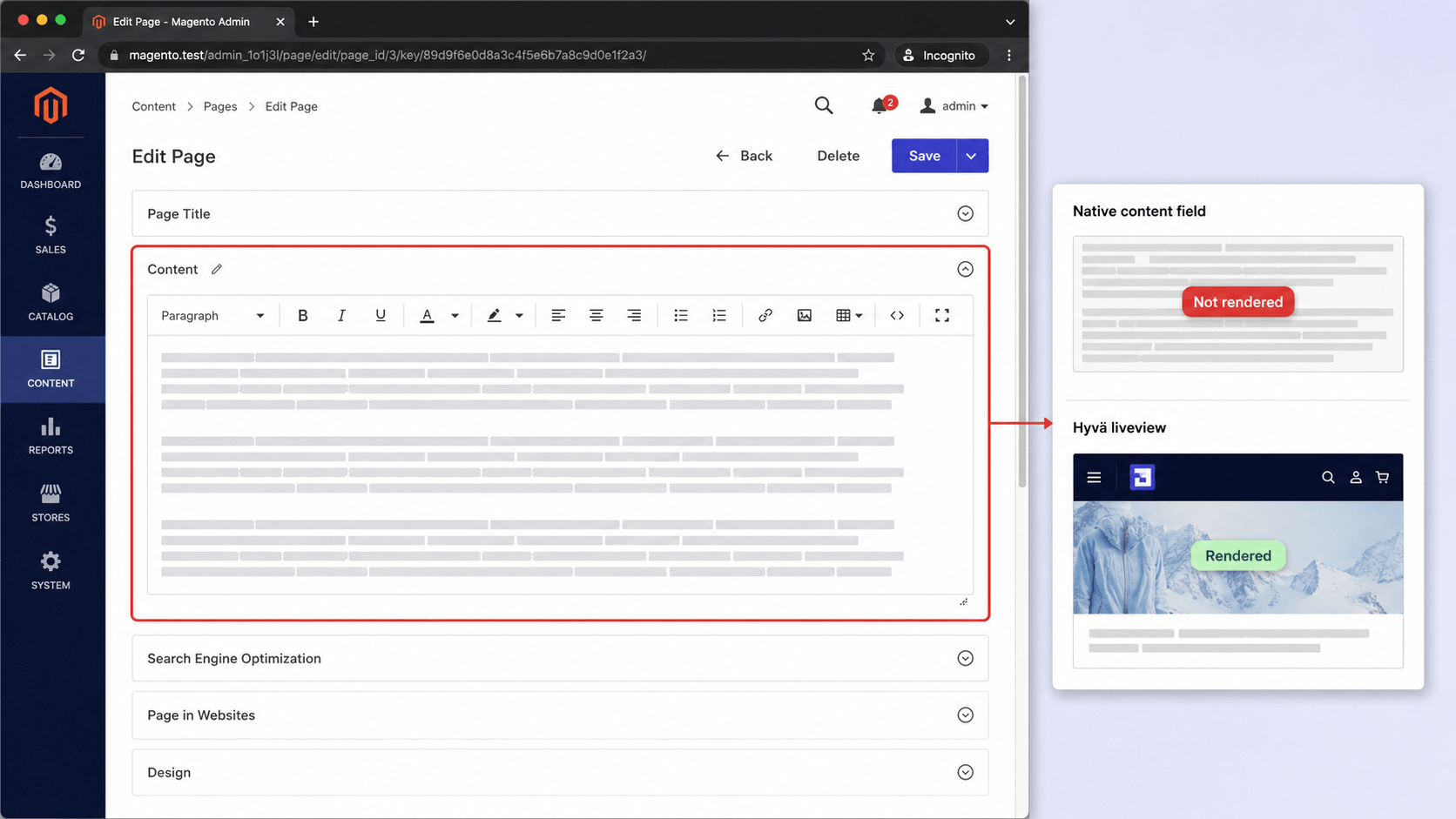 Magento CMS page edit screen with the Hyva liveview override flagged, showing which content layer renders on the storefront.