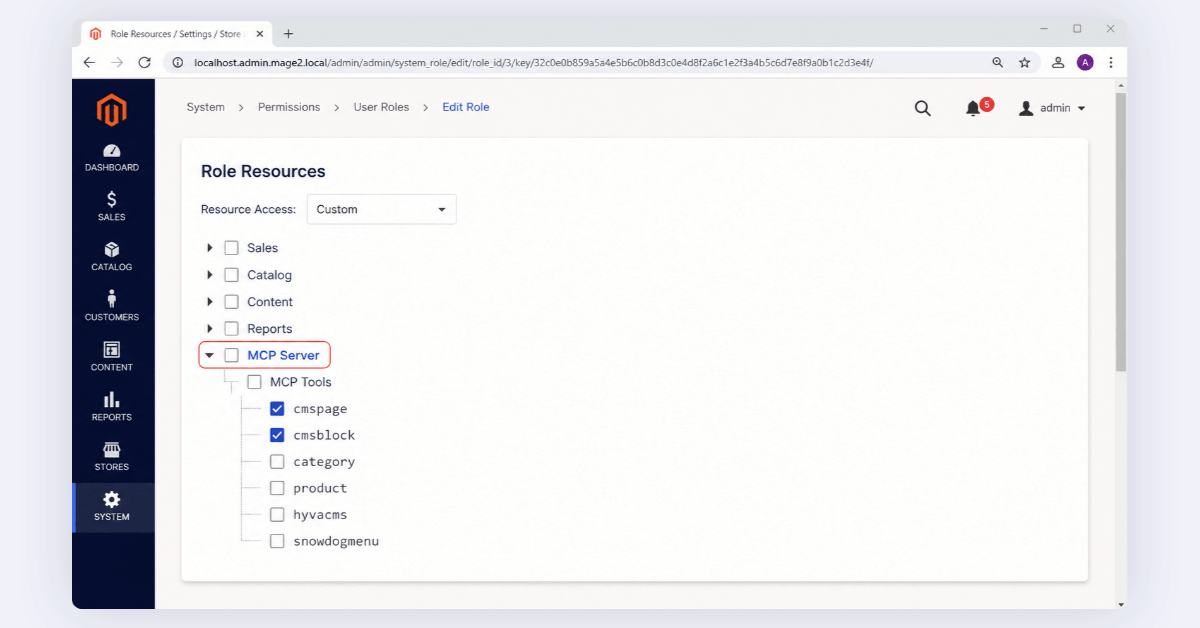 Magento admin Role Resources tree with the MCP Server node expanded and only the CMS page and CMS block tools checked.