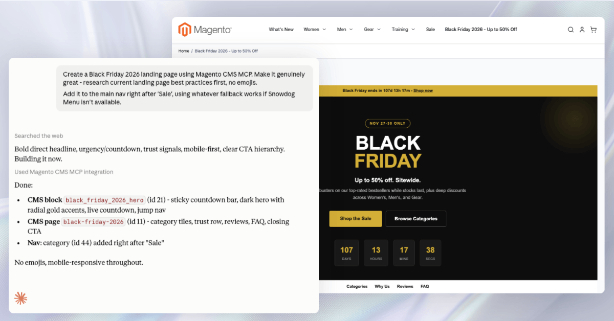 Claude listing the CMS block, page, and nav entry it created, beside the resulting Black Friday storefront page.