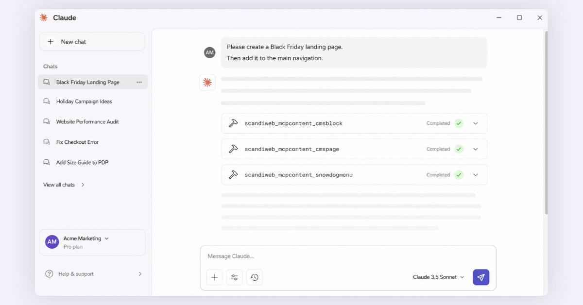 Claude conversation showing MCP tool calls that create a Black Friday CMS block, CMS page, and navigation entry in Magento.