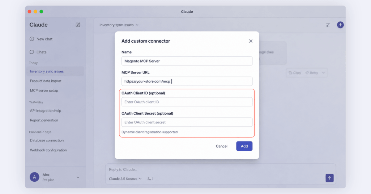 Add custom connector dialog showing a Magento MCP server URL entered and OAuth client ID and secret fields left blank.