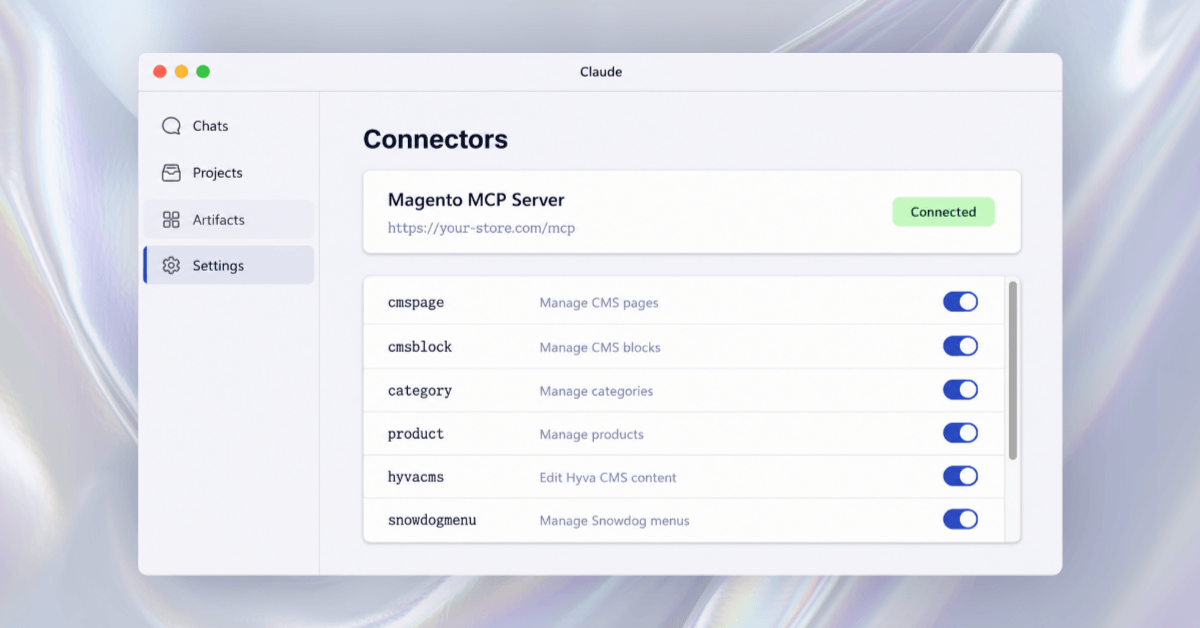 Claude connector settings panel listing six Magento MCP tools including CMS page, category, and product tools with toggles.