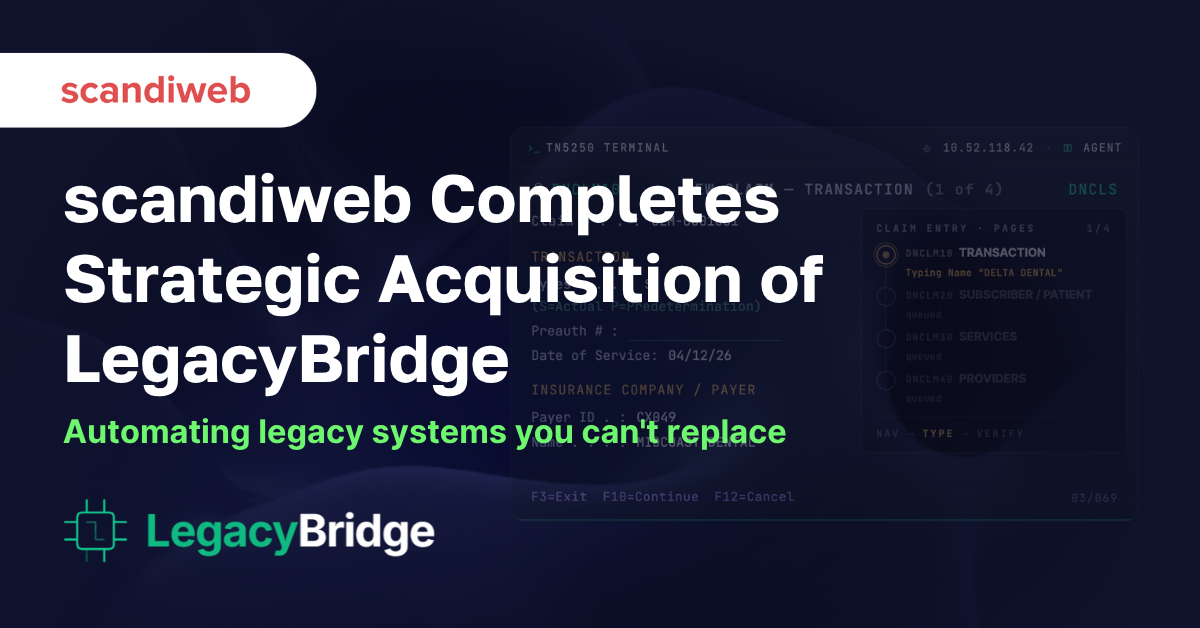 scandiweb and LegacyBridge acquisition announcement graphic with a terminal screen in the background