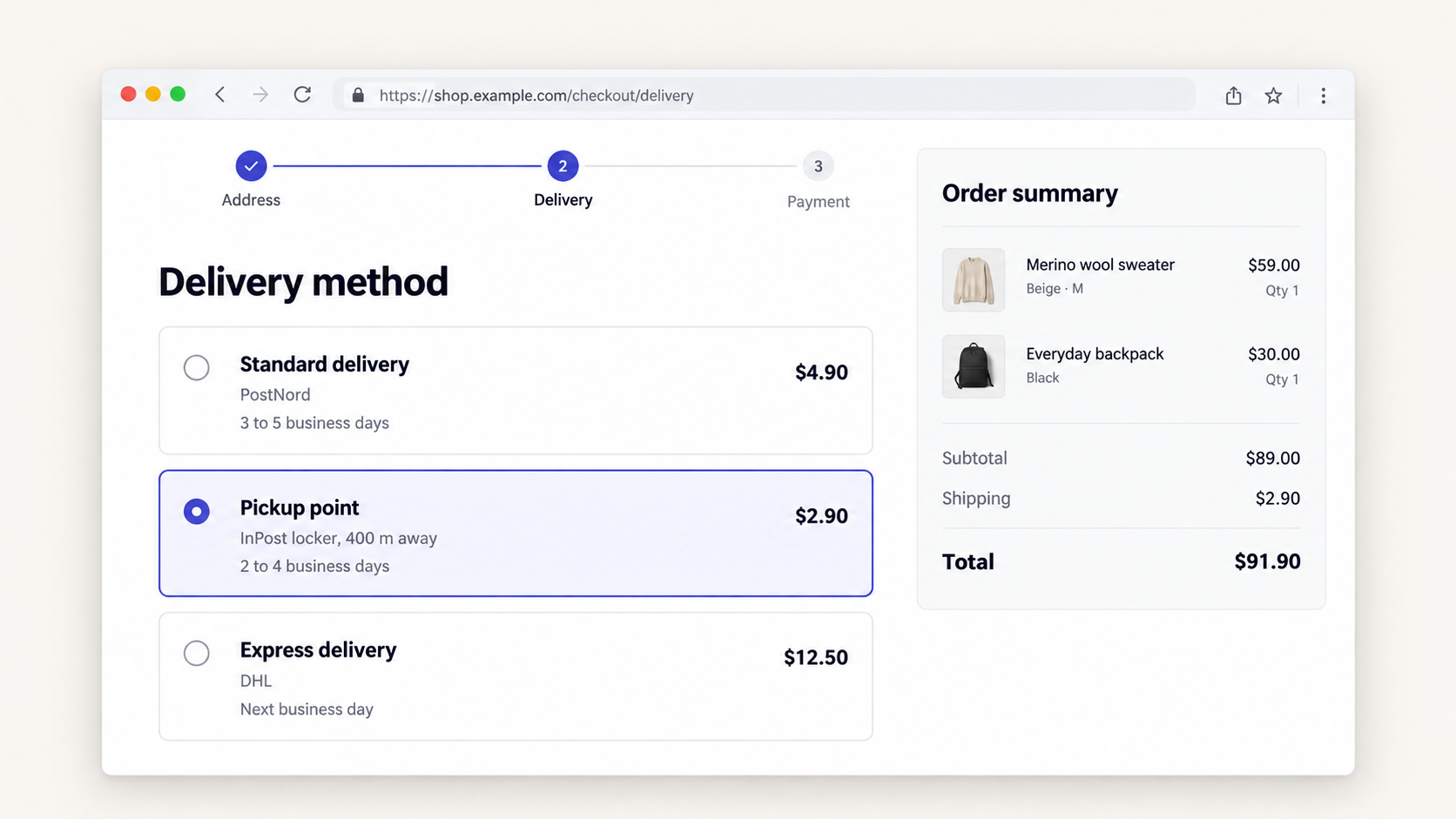 eCommerce checkout showing three delivery options with carrier, delivery time and price, with a pickup point selected