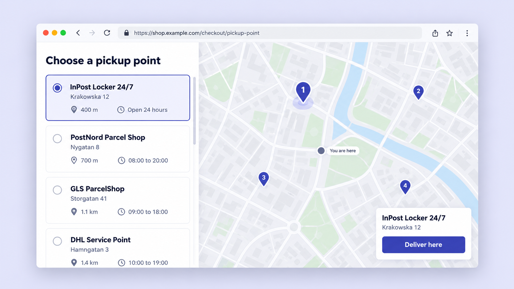 Parcel pickup point selector showing locker and parcel shop options on a map with distances and opening hours