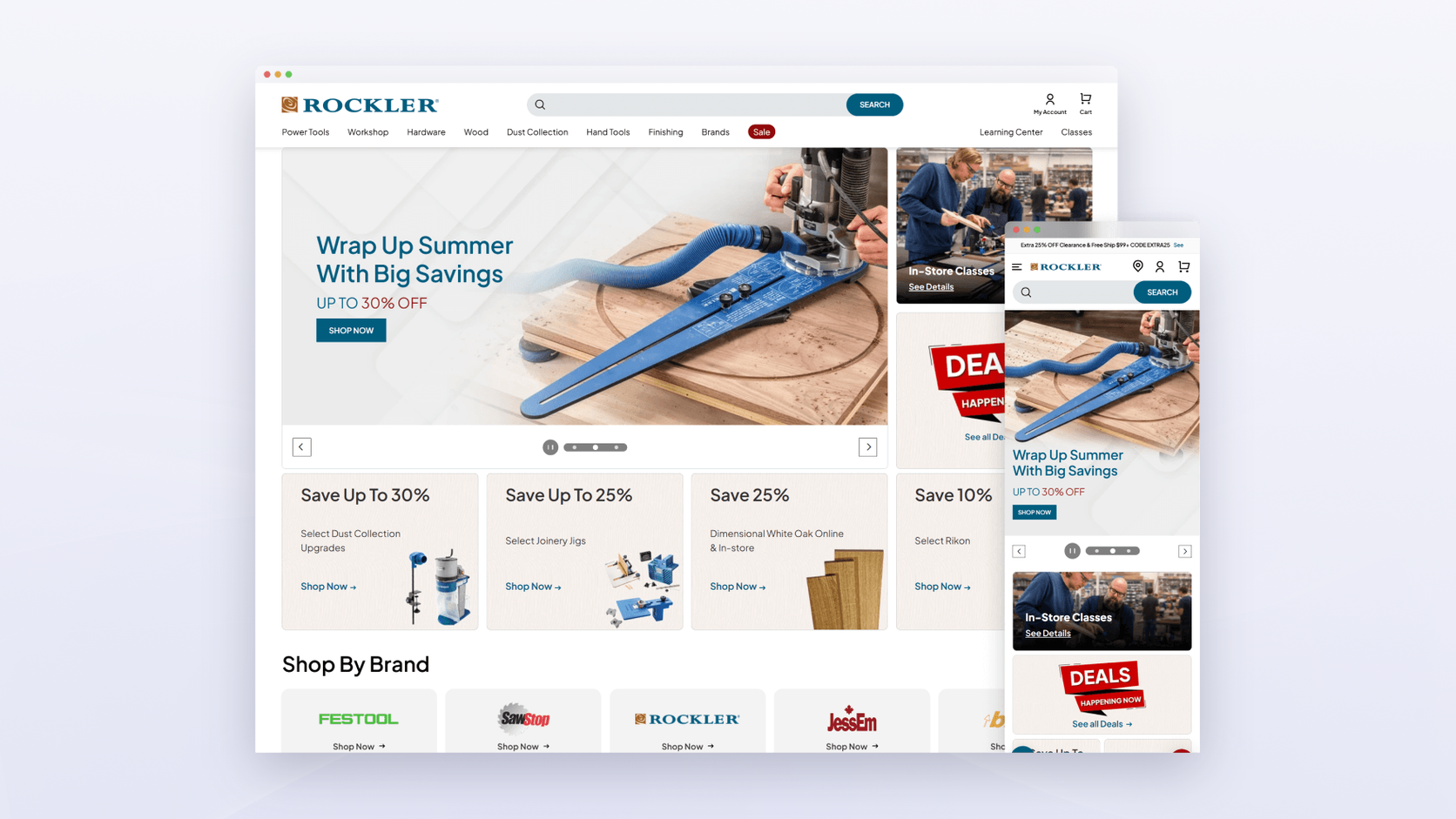 Rockler woodworking store on a ScandiPWA storefront shown on desktop and mobile screens