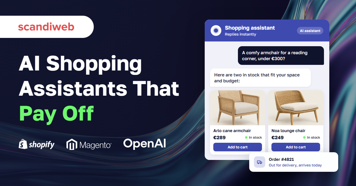 AI shopping assistant chat recommending two armchairs with prices and stock, next to an order delivery update