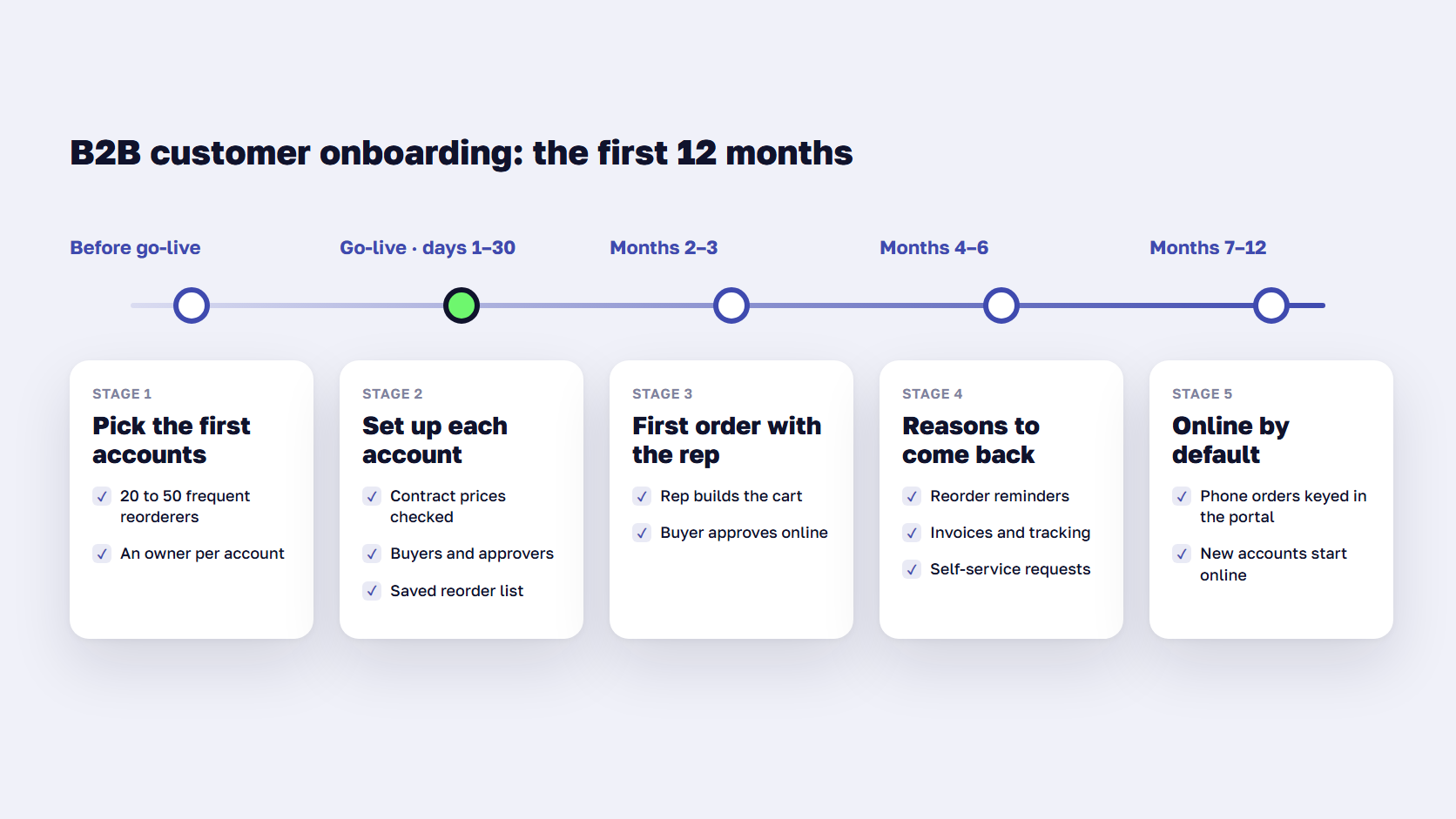 Timeline with five stages: before go-live, days 1 to 30, months 2 to 3, months 4 to 6, and months 7 to 12
