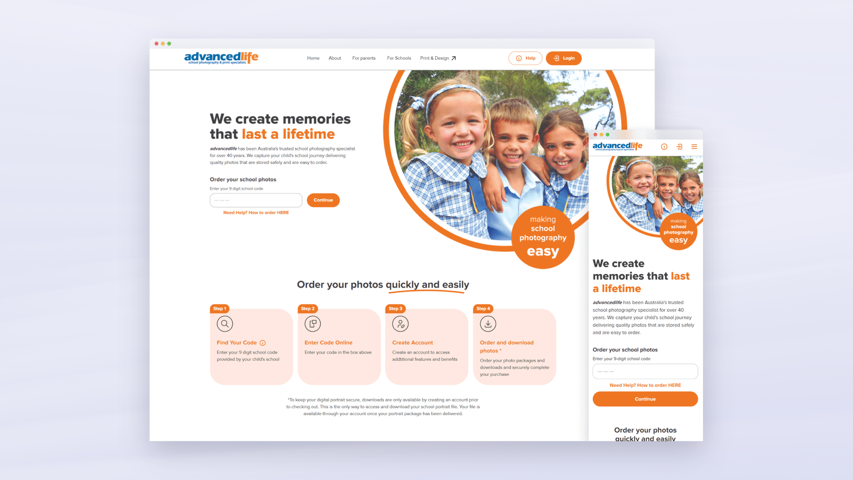 advancedlife school photo ordering site on desktop and mobile with the four-step online ordering flow