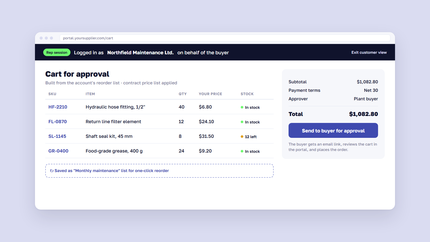 B2B portal cart with a rep logged in as the customer, contract prices, stock status, and a send for approval button