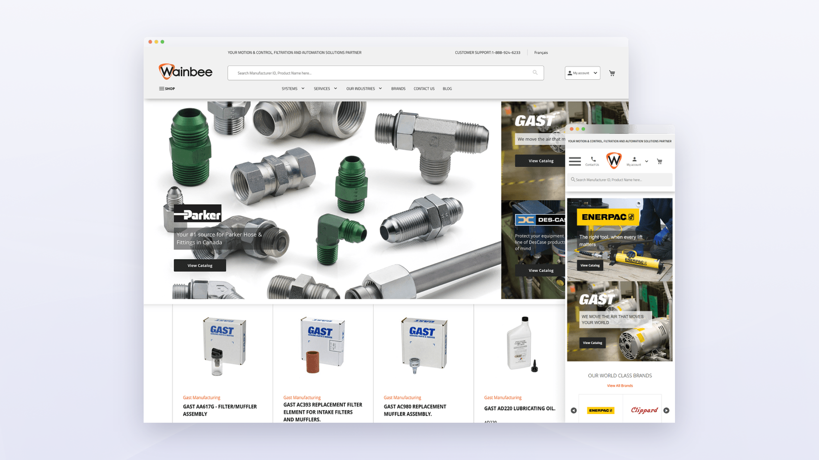 Wainbee industrial distribution store with product categories shown on desktop and mobile screens