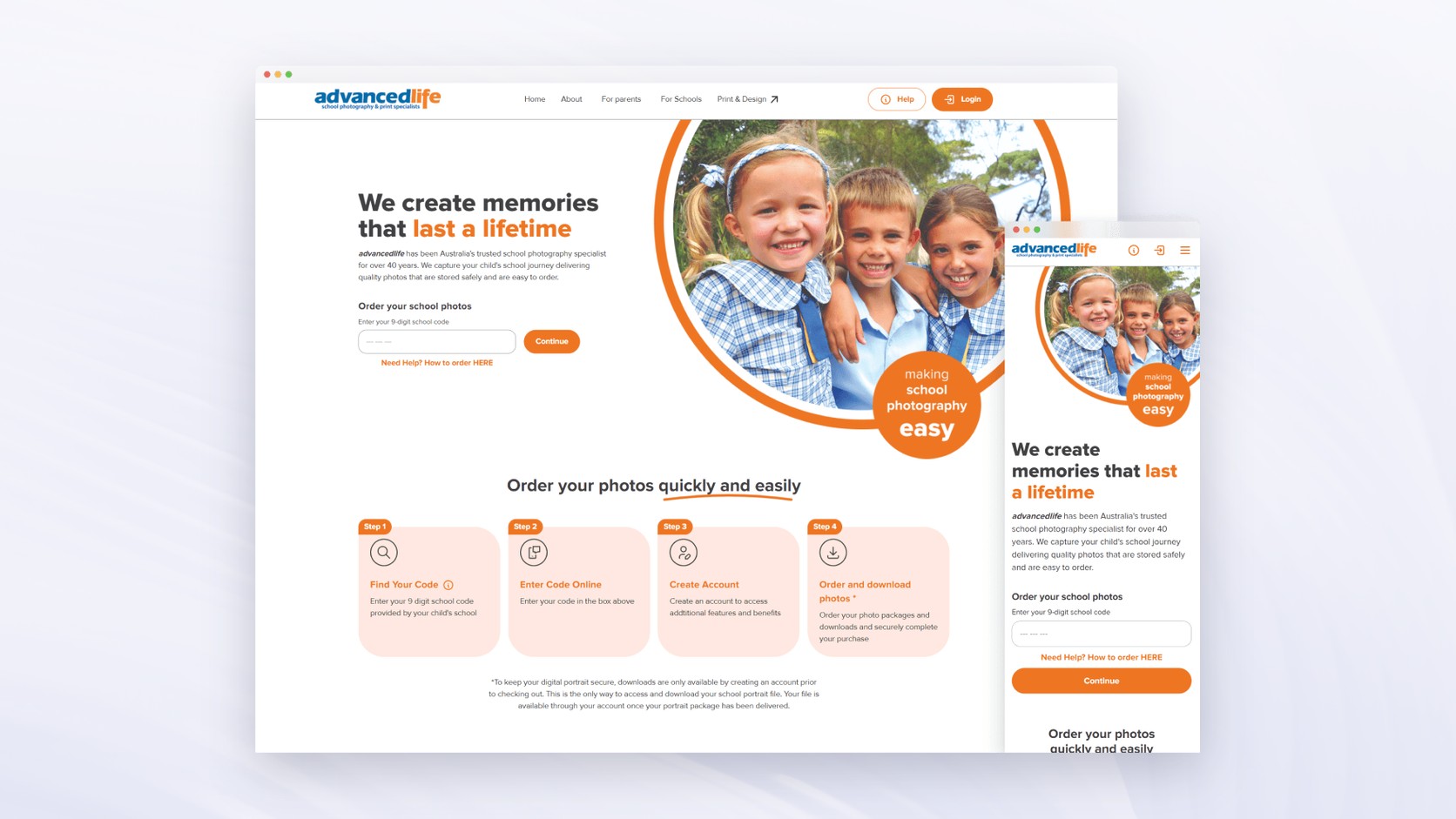 advancedlife school photography portal on desktop and mobile showing the online photo ordering steps