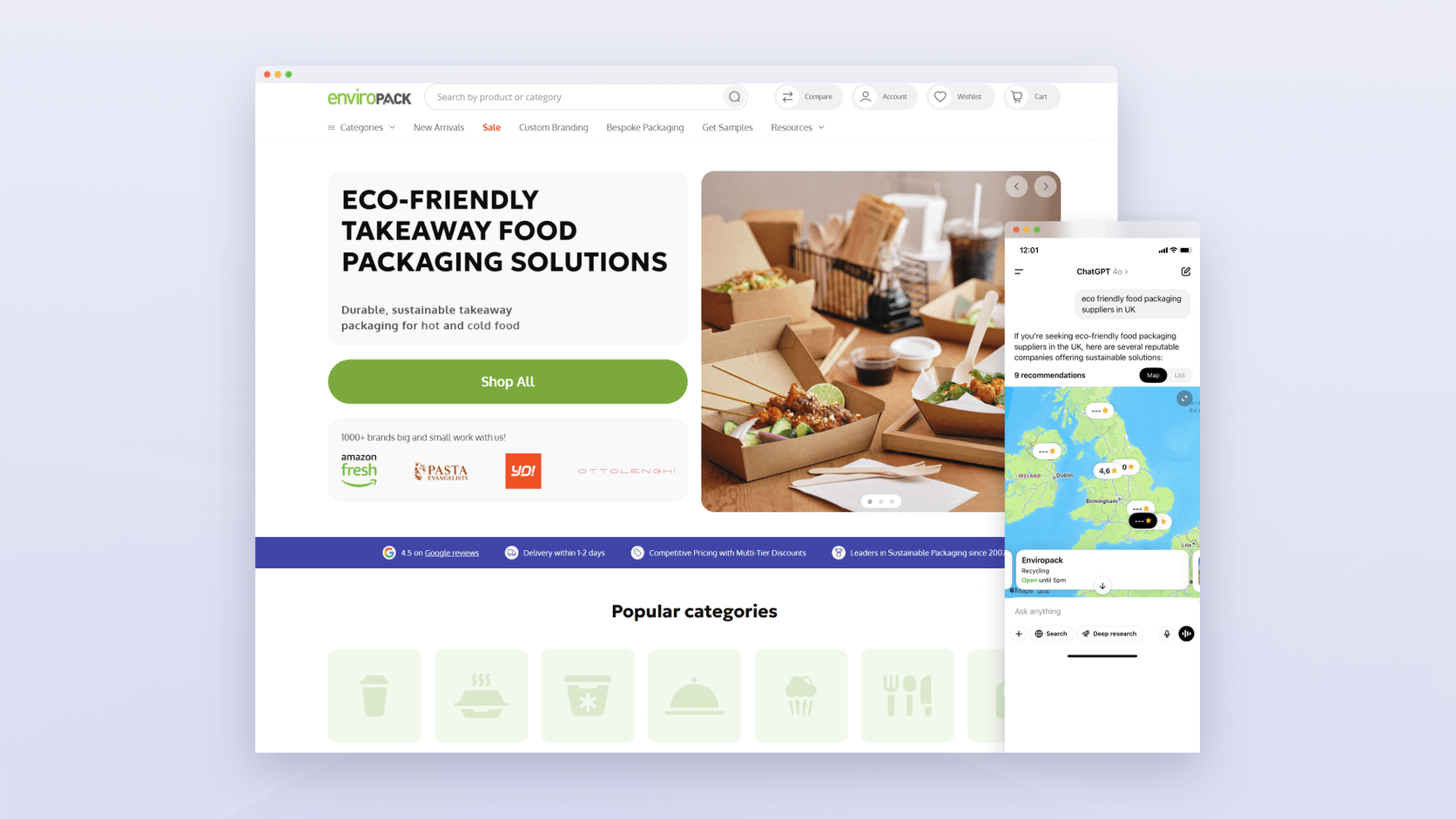 Enviropack eCommerce store on desktop with a ChatGPT answer recommending it as a UK packaging supplier on mobile
