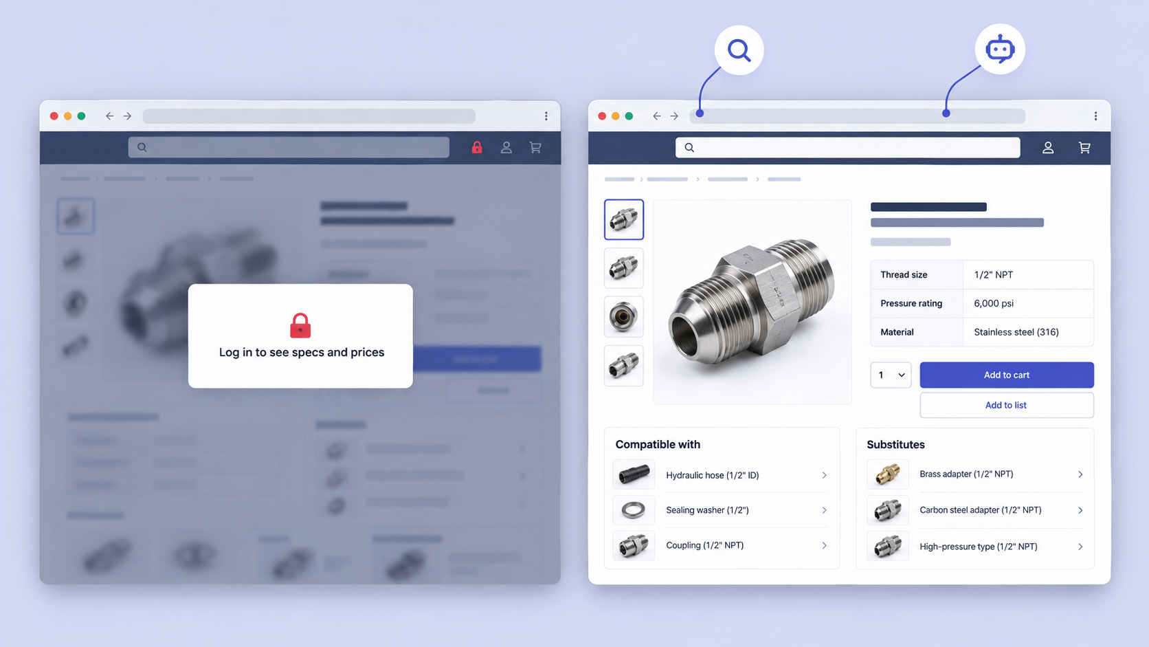Comparison of a gated B2B product page and an open product page with specs and compatible parts
