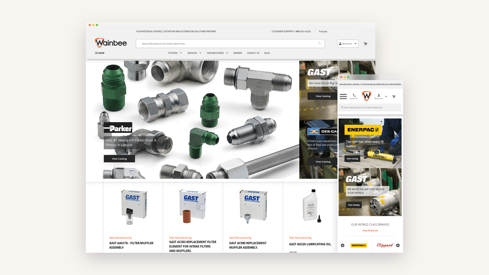 Wainbee B2B eCommerce store on desktop and mobile with hydraulic fittings and industrial product categories