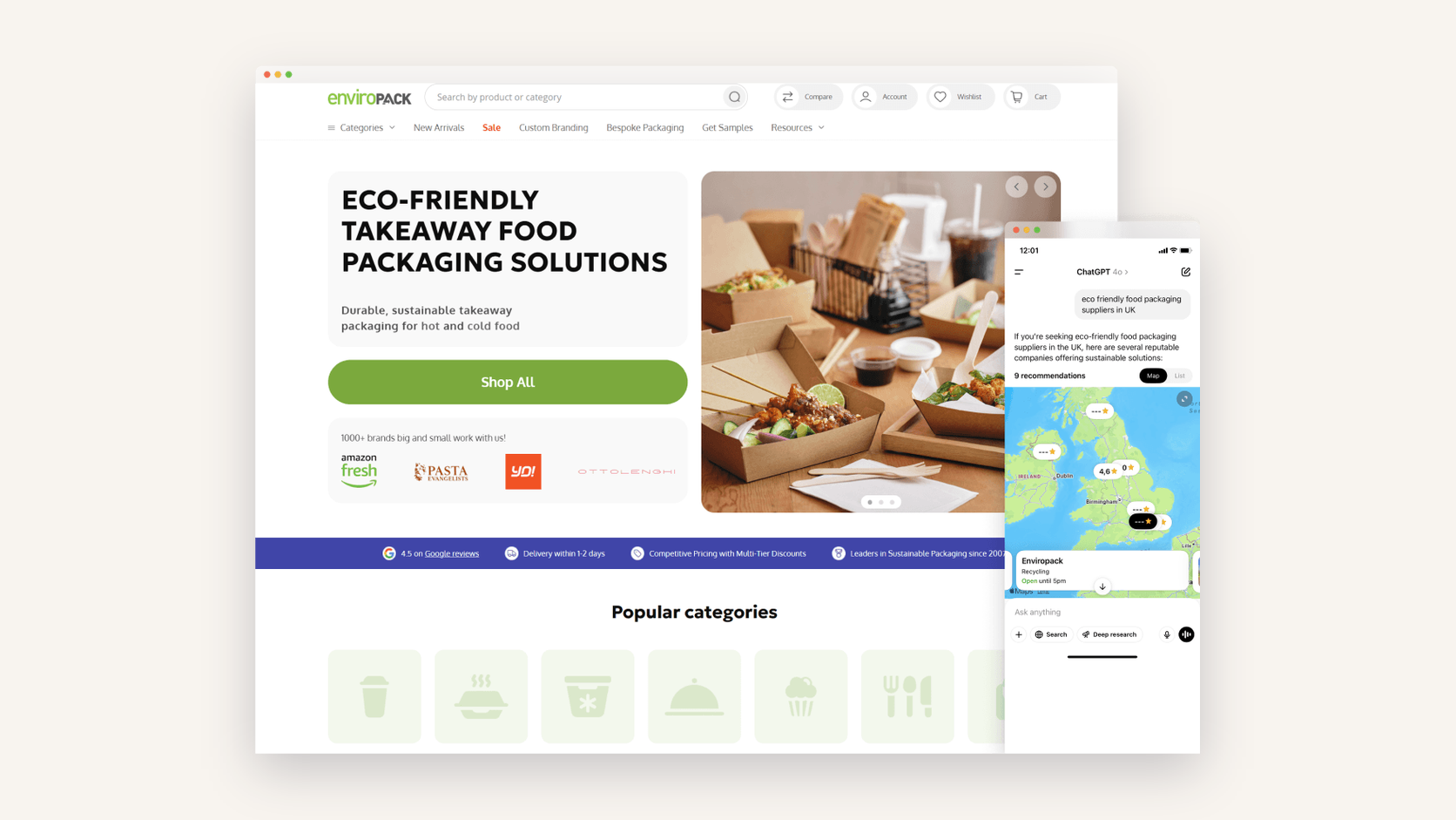 Enviropack eCommerce store on desktop with a ChatGPT answer recommending it as a UK packaging supplier on mobile