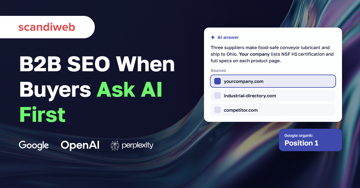 AI answer citing a supplier's website next to a Google position 1 badge, with Google, OpenAI, and Perplexity logos