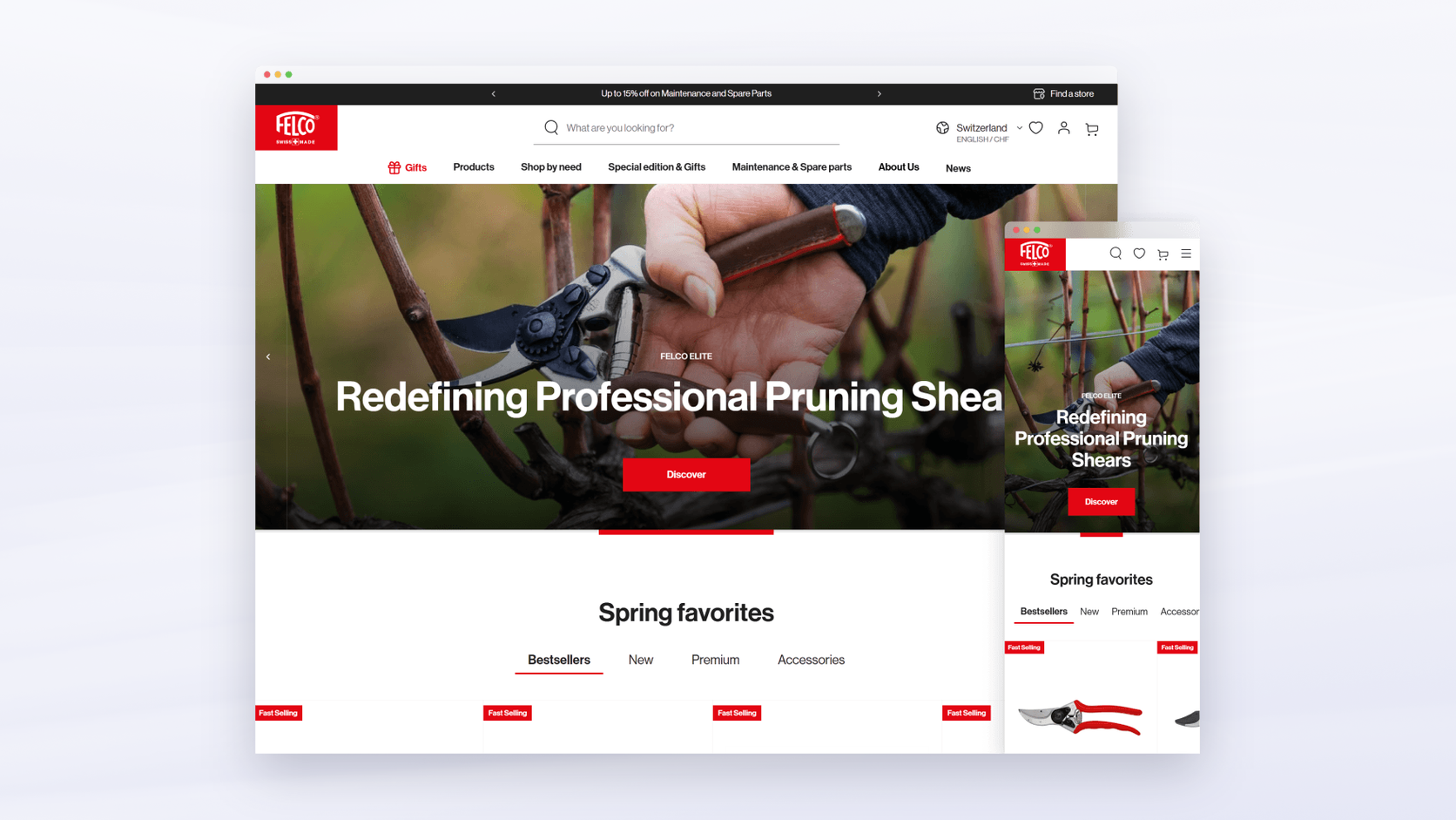 FELCO pruning tools online store shown on desktop and mobile screens