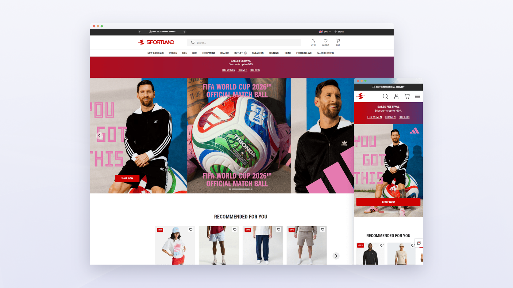 Desktop and mobile mockup of a sportswear retailer's online store that runs personalization on Bloomreach