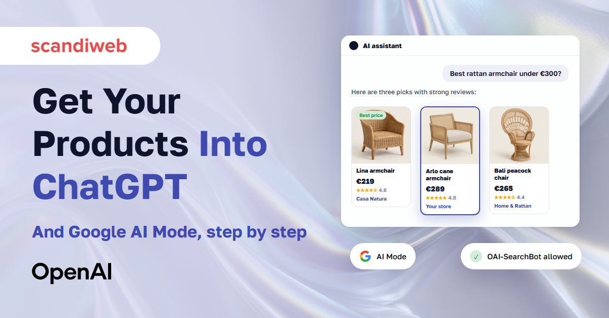 AI assistant chat recommending rattan armchairs as product cards, with OpenAI and Google AI Mode badges