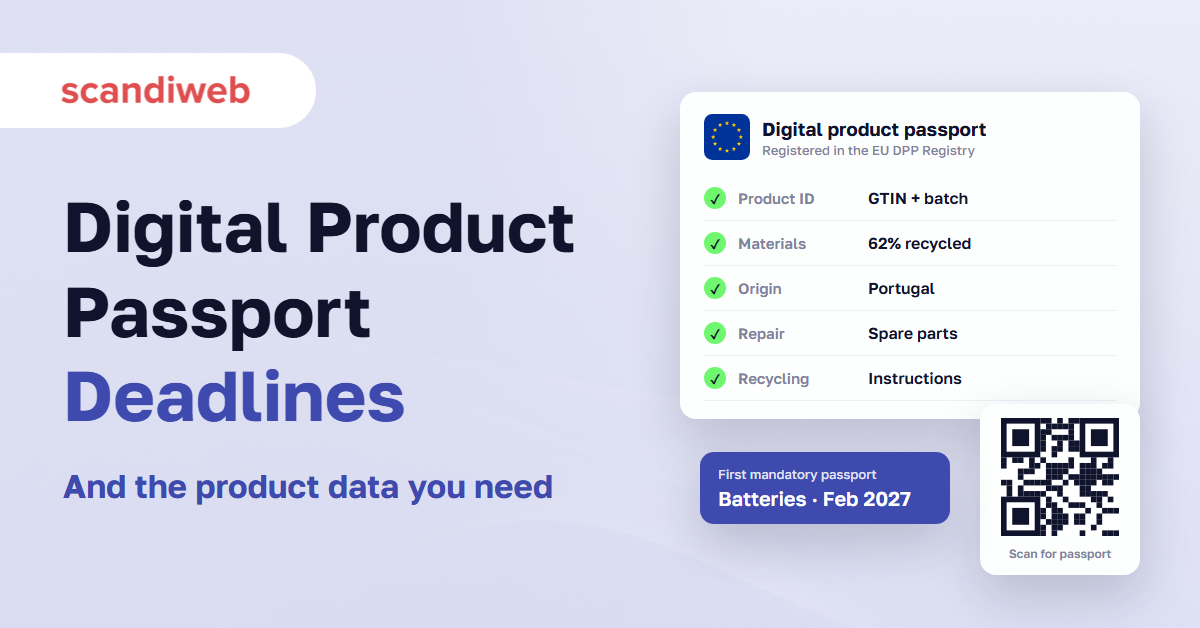 Digital product passport card with an EU flag, product data checks, and a QR code, next to the battery deadline