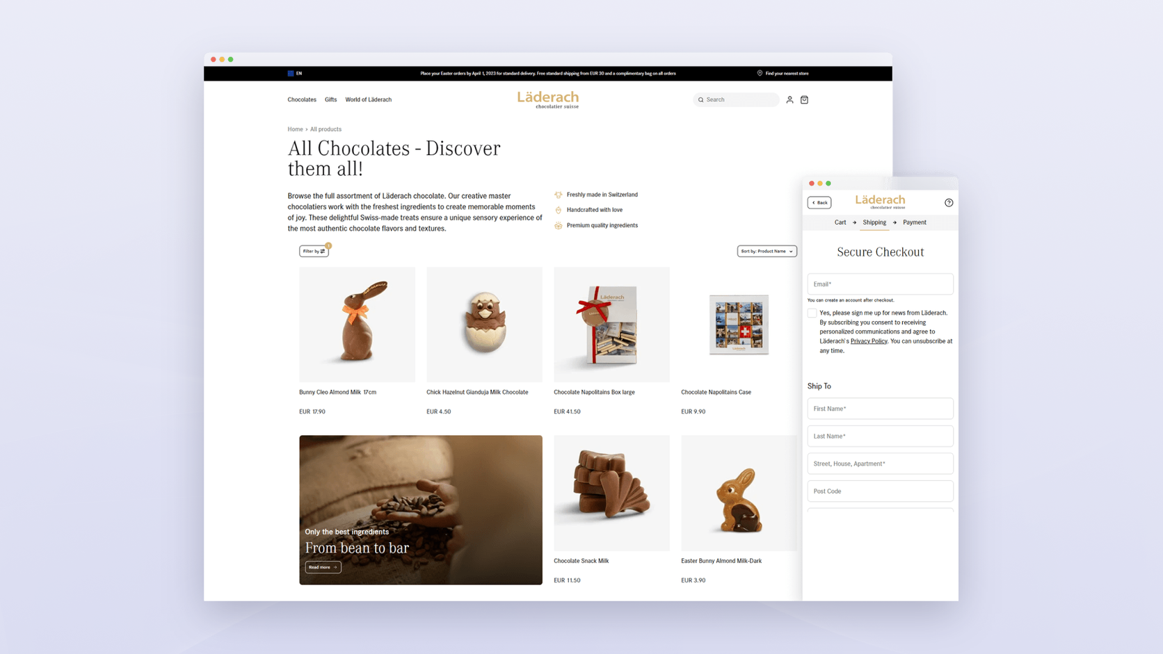 Läderach chocolate online store shown on desktop and mobile screens