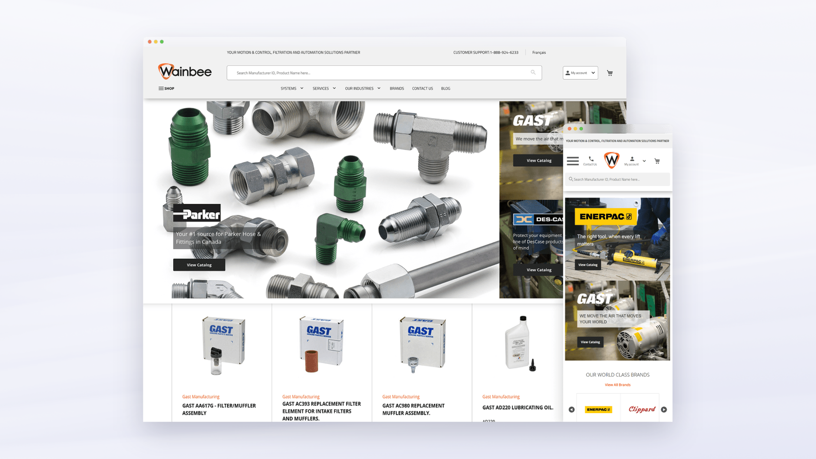 Wainbee industrial products store shown on desktop and mobile screens