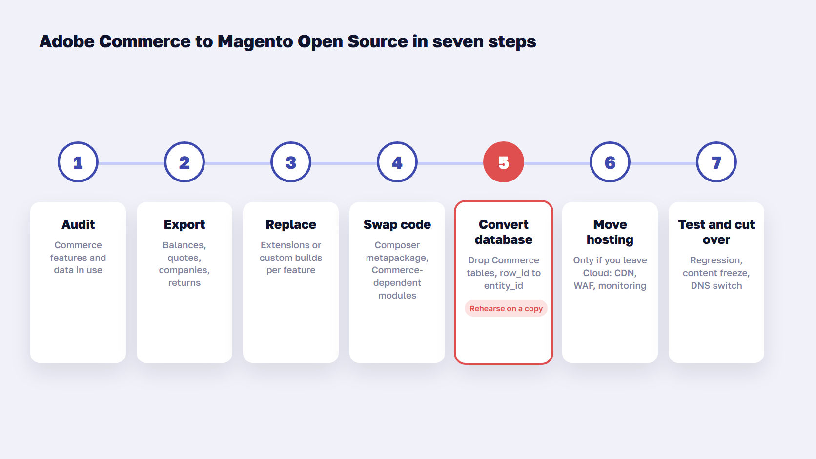 Seven-step timeline for a downgrade Adobe Commerce project, with the row_id to entity_id database conversion highlighted
