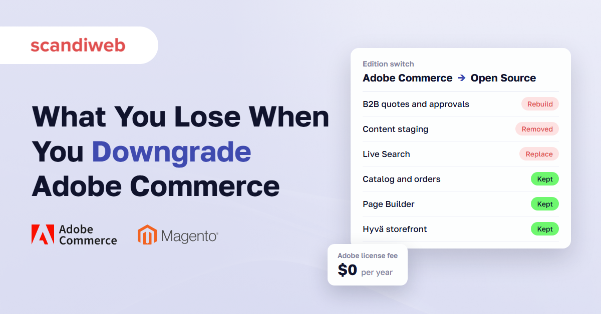 Edition switch card from Adobe Commerce to Magento Open Source listing features removed, replaced and kept