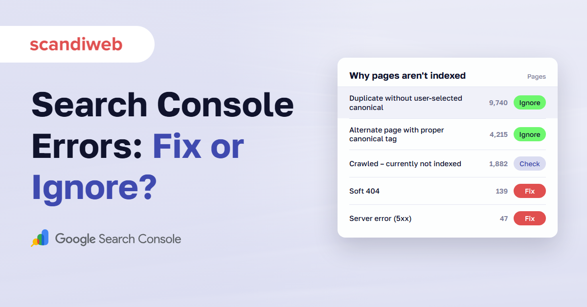 Search Console table of reasons pages aren't indexed, each marked ignore, check, or fix, next to the Google Search Console logo